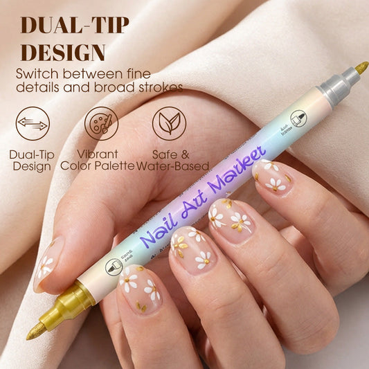 ✍️💖 Dual-Tip Nail Art Pen Set – Draw Like a Pro | Waterproof & Quick Dry 💧💨 | 12+ Colors 🌈
