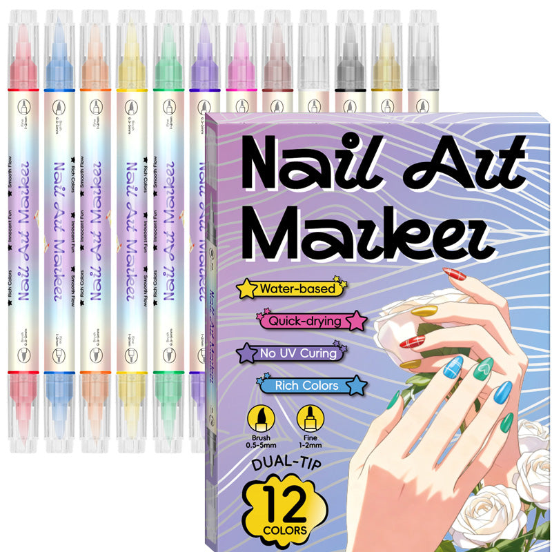 ✍️💖 Dual-Tip Nail Art Pen Set – Draw Like a Pro | Waterproof & Quick Dry 💧💨 | 12+ Colors 🌈