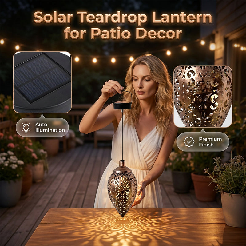 Solar Powered Teardrop Lantern for Garden Decor – Vintage Metal Cutout Design with Auto Dusk-to-Dawn Lighting & All-Weather Protection ✨🌧️