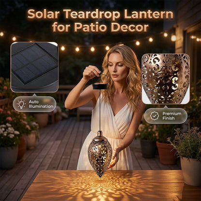 Solar Powered Teardrop Lantern for Garden Decor – Vintage Metal Cutout Design with Auto Dusk-to-Dawn Lighting & All-Weather Protection ✨🌧️