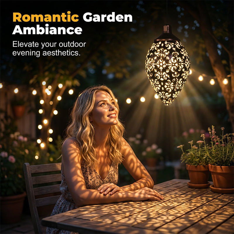 Solar Powered Teardrop Lantern for Garden Decor – Vintage Metal Cutout Design with Auto Dusk-to-Dawn Lighting & All-Weather Protection ✨🌧️