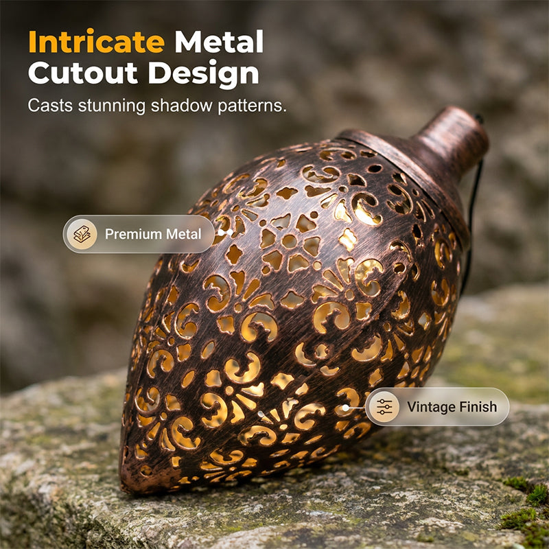 Solar Powered Teardrop Lantern for Garden Decor – Vintage Metal Cutout Design with Auto Dusk-to-Dawn Lighting & All-Weather Protection ✨🌧️
