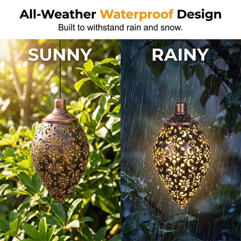 Solar Powered Teardrop Lantern for Garden Decor – Vintage Metal Cutout Design with Auto Dusk-to-Dawn Lighting & All-Weather Protection ✨🌧️