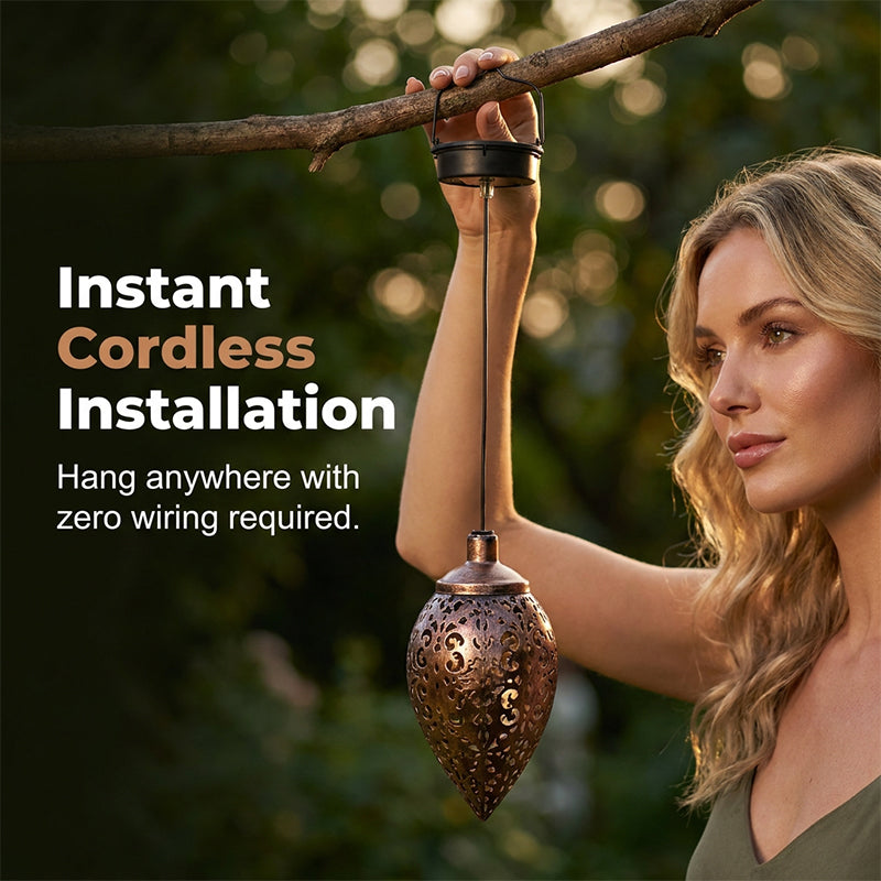 Solar Powered Teardrop Lantern for Garden Decor – Vintage Metal Cutout Design with Auto Dusk-to-Dawn Lighting & All-Weather Protection ✨🌧️