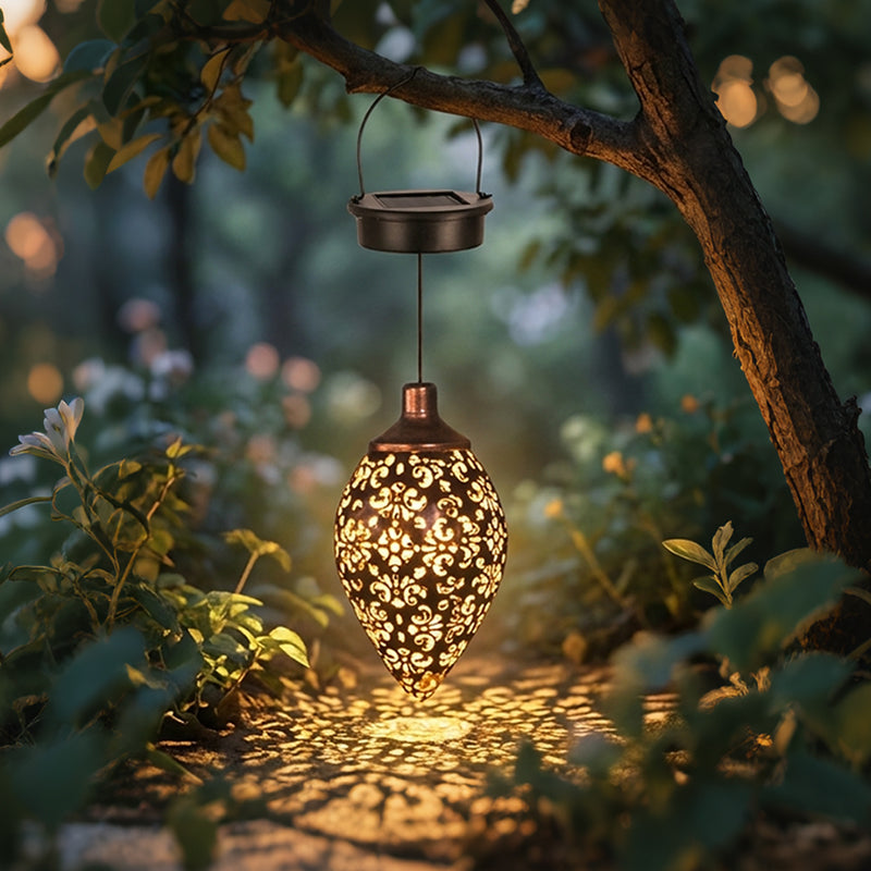 Solar Powered Teardrop Lantern for Garden Decor – Vintage Metal Cutout Design with Auto Dusk-to-Dawn Lighting & All-Weather Protection ✨🌧️