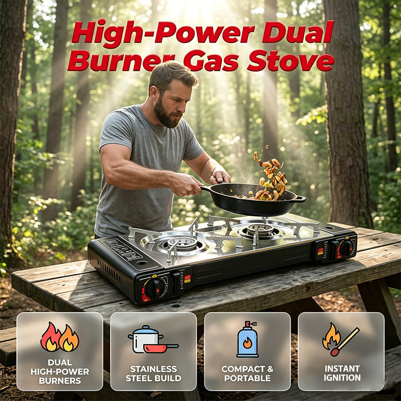 🔥 44% OFF NOW! 🍳 Portable Dual Burner Butane Stove – Lightweight & piezo ignition – Perfect for camping, tailgating or outdoor cooking – compact and easy to carry ⛺✨