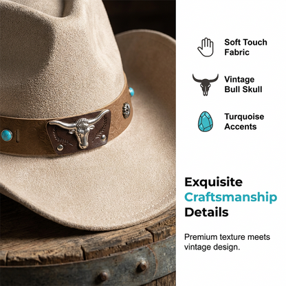 📢📢49% OFF !! ⏰Unisex Suede Cowboy Hat with Vintage Bull Band and Wind Rope