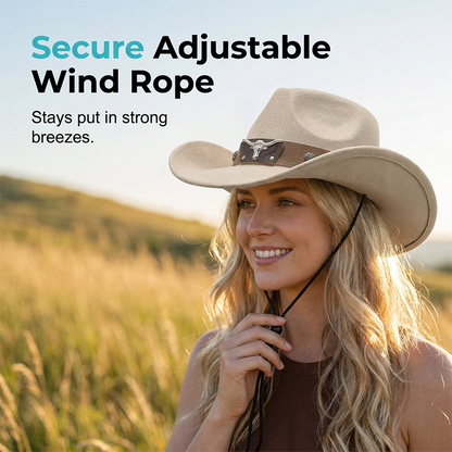 📢📢49% OFF !! ⏰Unisex Suede Cowboy Hat with Vintage Bull Band and Wind Rope