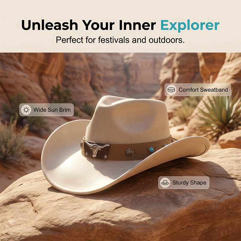 📢📢49% OFF !! ⏰Unisex Suede Cowboy Hat with Vintage Bull Band and Wind Rope