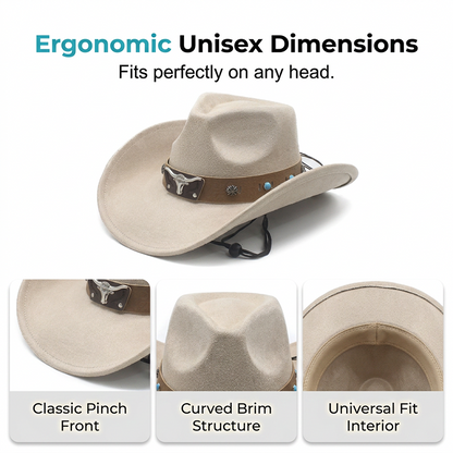 📢📢49% OFF !! ⏰Unisex Suede Cowboy Hat with Vintage Bull Band and Wind Rope