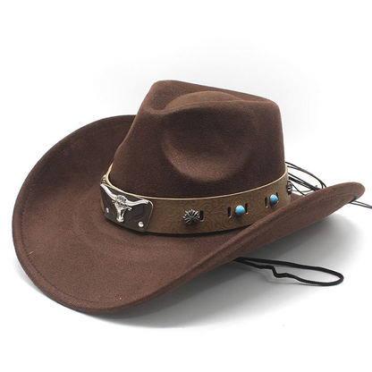 📢📢49% OFF !! ⏰Unisex Suede Cowboy Hat with Vintage Bull Band and Wind Rope