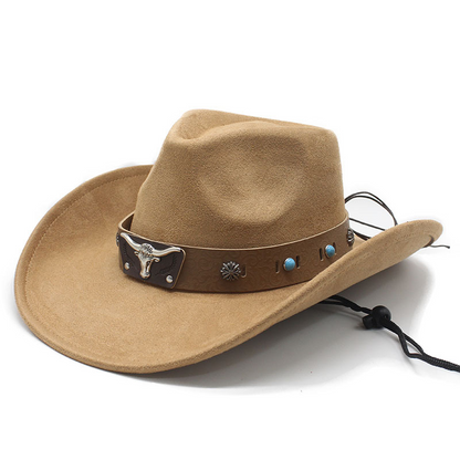 📢📢49% OFF !! ⏰Unisex Suede Cowboy Hat with Vintage Bull Band and Wind Rope
