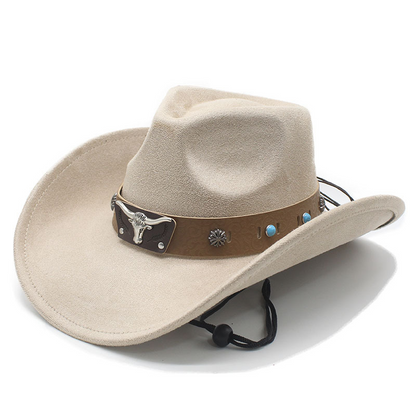 📢📢49% OFF !! ⏰Unisex Suede Cowboy Hat with Vintage Bull Band and Wind Rope