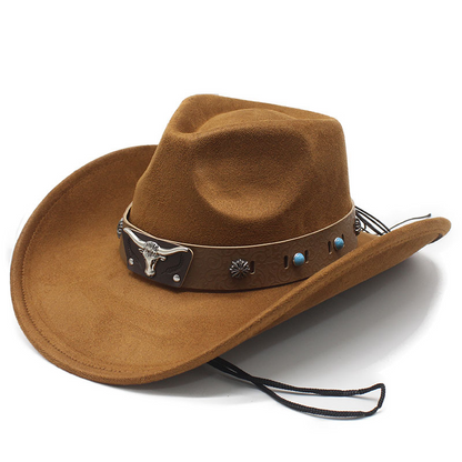 📢📢49% OFF !! ⏰Unisex Suede Cowboy Hat with Vintage Bull Band and Wind Rope