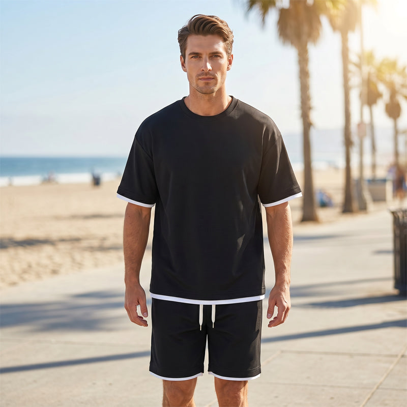 👕 Men's Waffle Knit T-Shirt & Shorts Set – Cooling Sensation Fabric & Relaxed Fit Design 💙
