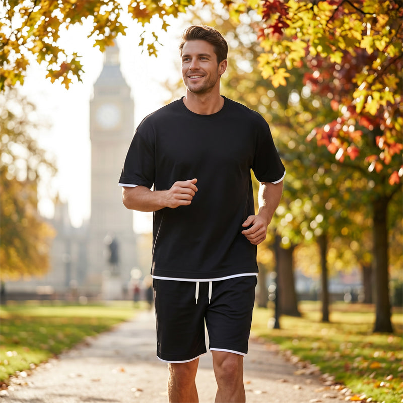 👕 Men's Waffle Knit T-Shirt & Shorts Set – Cooling Sensation Fabric & Relaxed Fit Design 💙