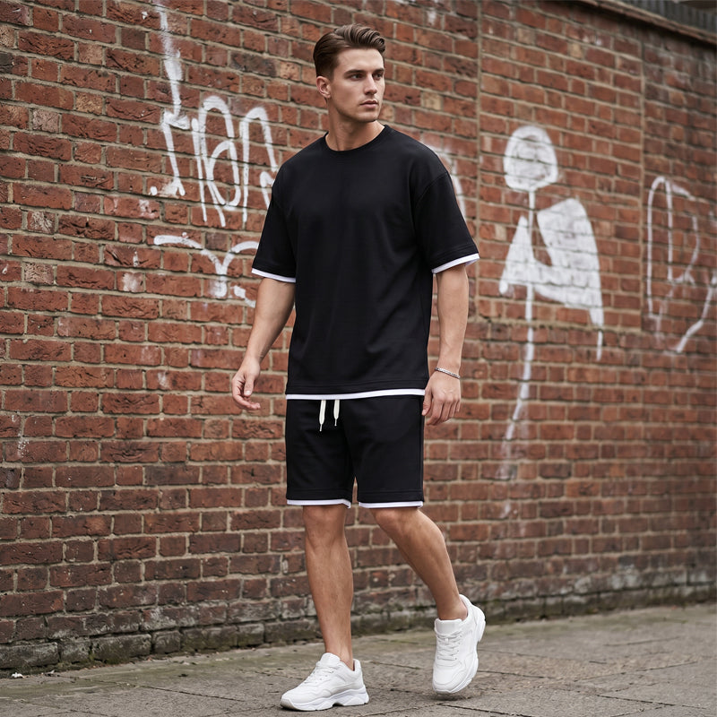 👕 Men's Waffle Knit T-Shirt & Shorts Set – Cooling Sensation Fabric & Relaxed Fit Design 💙