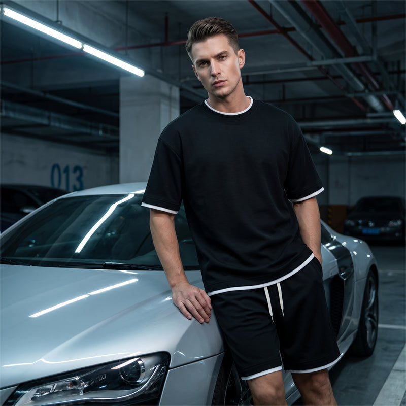 👕 Men's Waffle Knit T-Shirt & Shorts Set – Cooling Sensation Fabric & Relaxed Fit Design 💙
