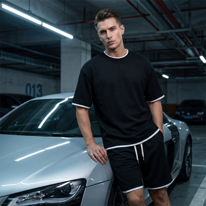 👕 Men's Waffle Knit T-Shirt & Shorts Set – Cooling Sensation Fabric & Relaxed Fit Design 💙
