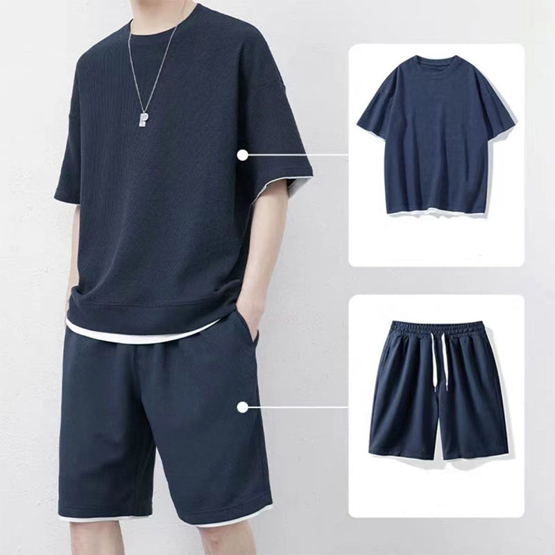 👕 Men's Waffle Knit T-Shirt & Shorts Set – Cooling Sensation Fabric & Relaxed Fit Design 💙