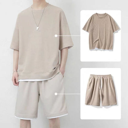 👕 Men's Waffle Knit T-Shirt & Shorts Set – Cooling Sensation Fabric & Relaxed Fit Design 💙
