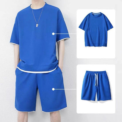 👕 Men's Waffle Knit T-Shirt & Shorts Set – Cooling Sensation Fabric & Relaxed Fit Design 💙