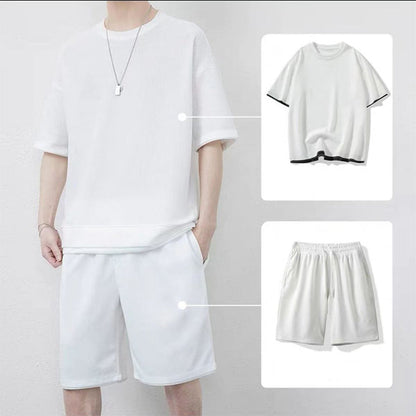 👕 Men's Waffle Knit T-Shirt & Shorts Set – Cooling Sensation Fabric & Relaxed Fit Design 💙