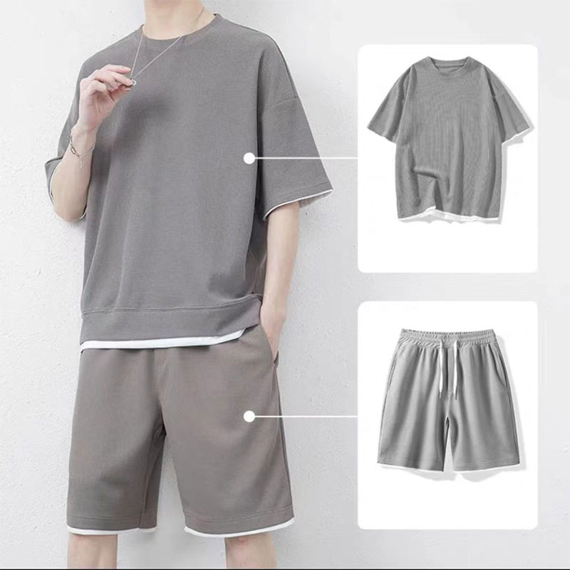👕 Men's Waffle Knit T-Shirt & Shorts Set – Cooling Sensation Fabric & Relaxed Fit Design 💙