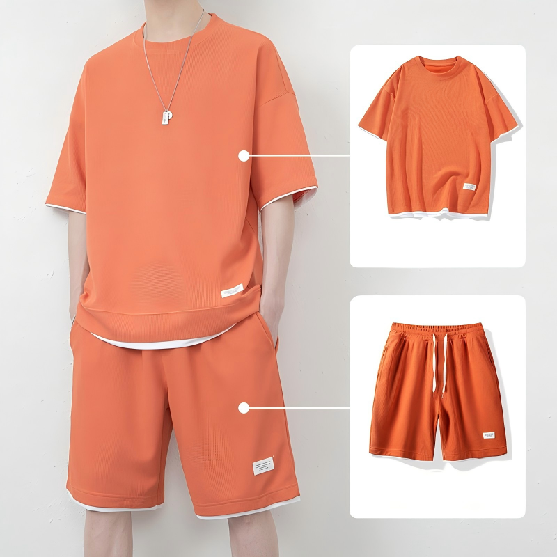 👕 Men's Waffle Knit T-Shirt & Shorts Set – Cooling Sensation Fabric & Relaxed Fit Design 💙