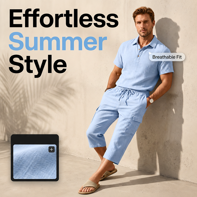 🎁2026 New Arrivals 45% OFF💥Men Summer Linen Set Loose Shirt and Cargo Shorts Two Piece Outfit