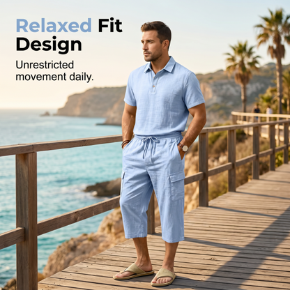 🎁2026 New Arrivals 45% OFF💥Men Summer Linen Set Loose Shirt and Cargo Shorts Two Piece Outfit