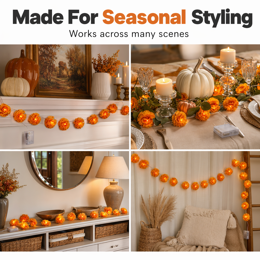 🌼Limited Time 49% Off! 🎃Artificial Marigold Flower LED String Lights – Waterproof 8 Lighting Modes, 20 LEDs Battery Powered, Decor for Halloween, Day Of The Dead Altar, Porch & Indoor Festival Decor