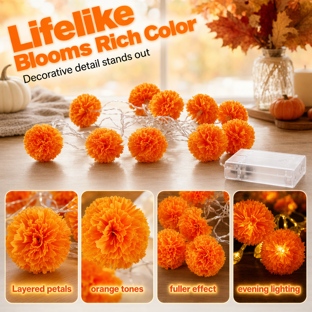 🌼Limited Time 49% Off! 🎃Artificial Marigold Flower LED String Lights – Waterproof 8 Lighting Modes, 20 LEDs Battery Powered, Decor for Halloween, Day Of The Dead Altar, Porch & Indoor Festival Decor