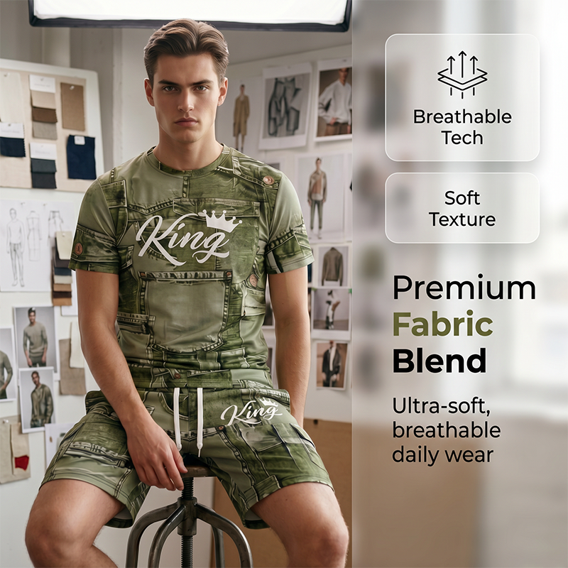👕Mens Casual Faux Denim Print T Shirt Shorts Set🩳✨
