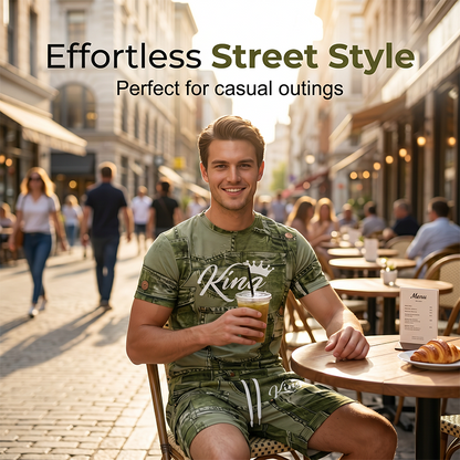 👕Mens Casual Faux Denim Print T Shirt Shorts Set🩳✨
