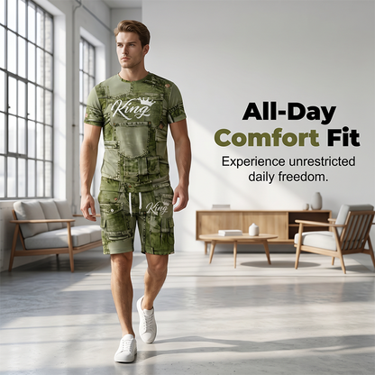 👕Mens Casual Faux Denim Print T Shirt Shorts Set🩳✨