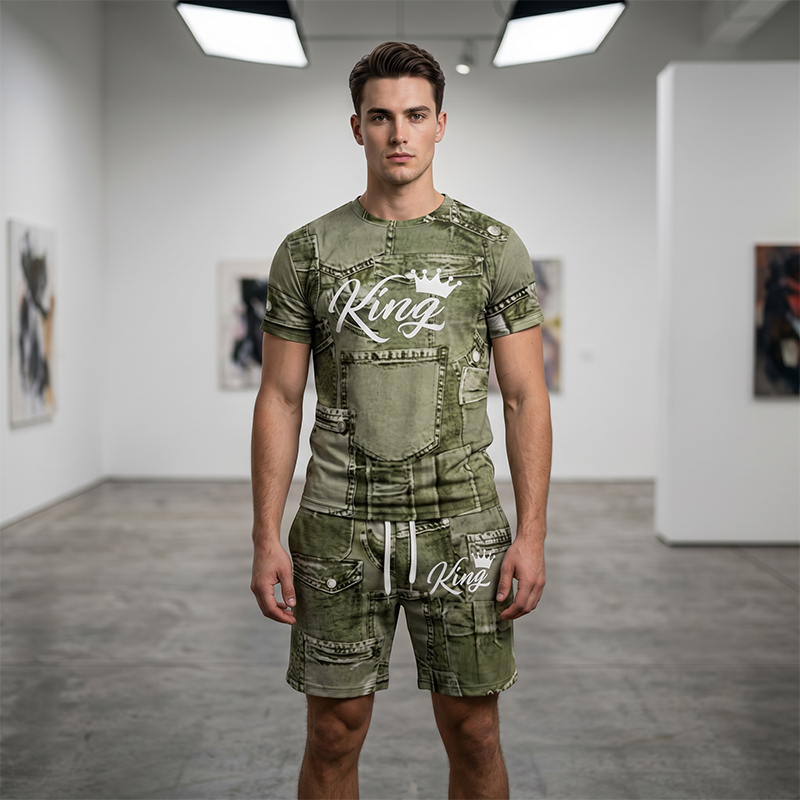 👕Mens Casual Faux Denim Print T Shirt Shorts Set🩳✨
