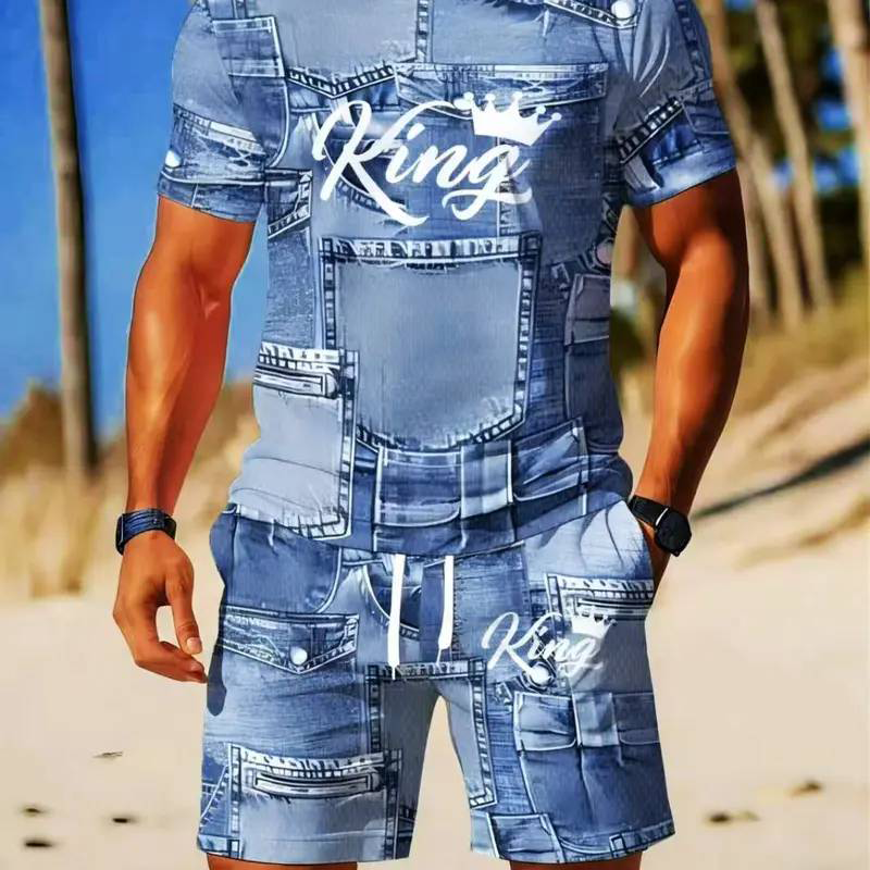 👕Mens Casual Faux Denim Print T Shirt Shorts Set🩳✨