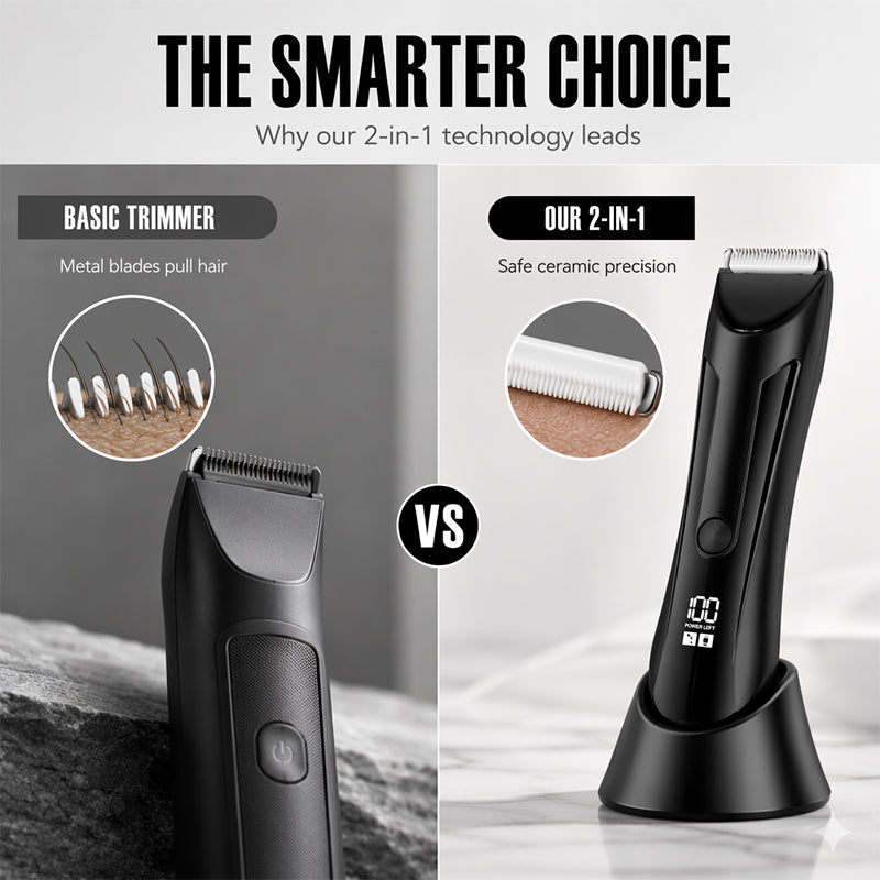 ⚡🪒 LIMITED-TIME 49% OFF! Men’s 2-in-1 Body Hair Trimmer – Ceramic Blade, LED Spotlight, Power Display & Charging Base