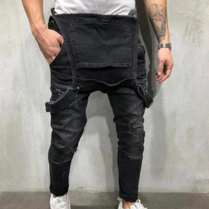 👖Men's Denim Overalls Distressed Ripped Bib Jumpsuits