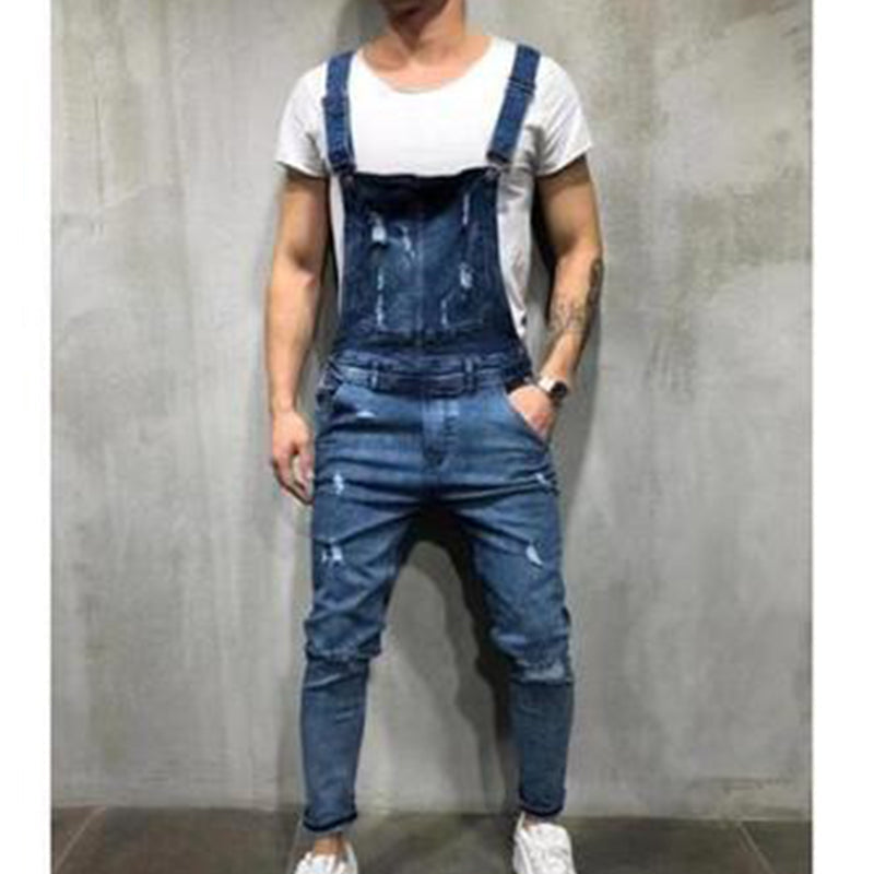 👖Men's Denim Overalls Distressed Ripped Bib Jumpsuits