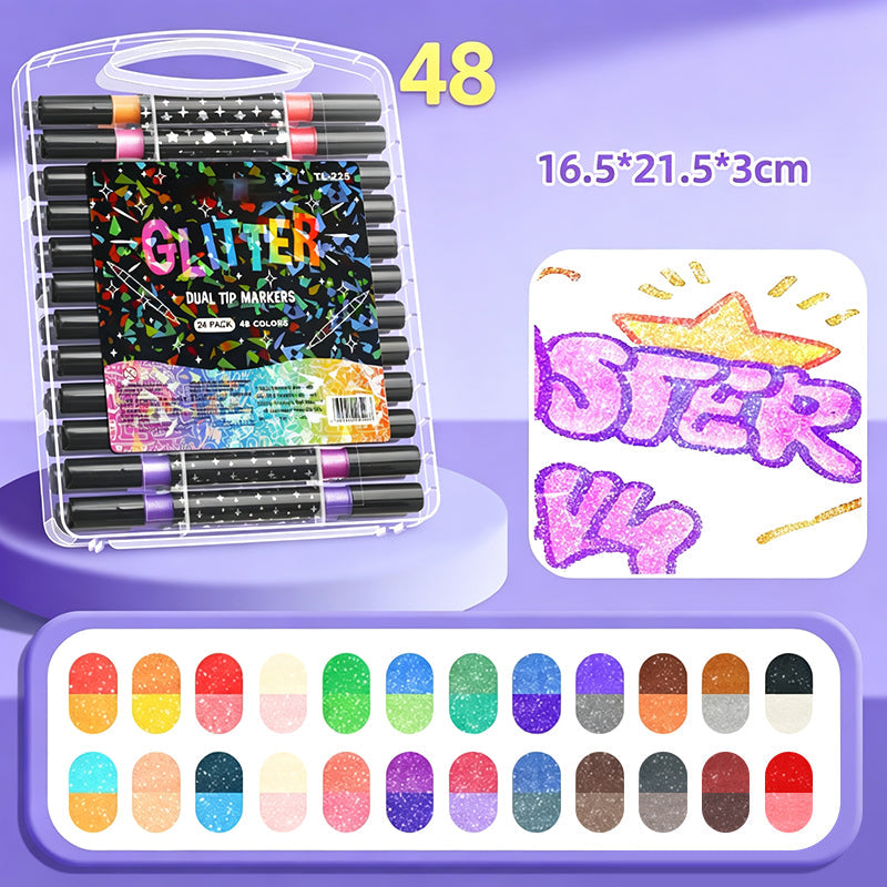 ⏳Last Day-49% Off✨🌈Dual-Tip Glitter Markers Set with Soft Brush