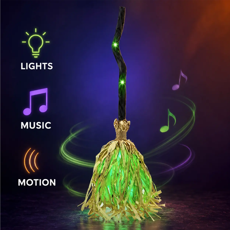 📢📢49% OFF !!⏰🧙 Animated Witch Broom Halloween Decoration with Lights and Sound