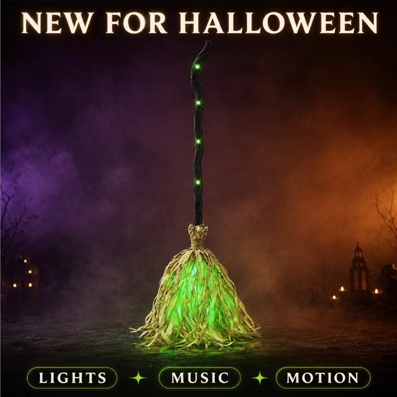 📢📢49% OFF !!⏰🧙 Animated Witch Broom Halloween Decoration with Lights and Sound
