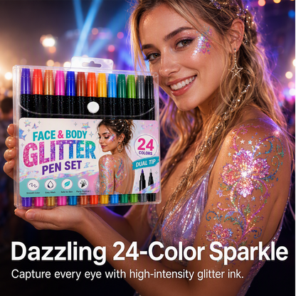 📢 BUY 2 GET 1 FREE! ⏰ 24-Color Face & Body Glitter Marker Set with Dual Tips – Skin-Safe, Sweat-Resistant & Dazzling Sparkle ✨