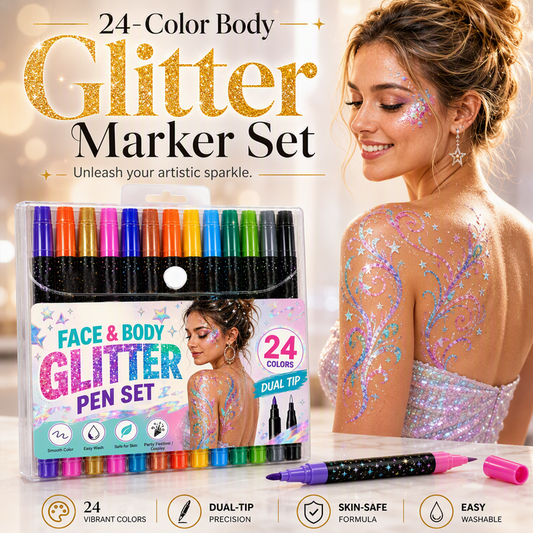 📢 BUY 2 GET 1 FREE! ⏰ 24-Color Face & Body Glitter Marker Set with Dual Tips – Skin-Safe, Sweat-Resistant & Dazzling Sparkle ✨