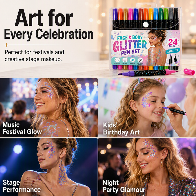 📢 BUY 2 GET 1 FREE! ⏰ 24-Color Face & Body Glitter Marker Set with Dual Tips – Skin-Safe, Sweat-Resistant & Dazzling Sparkle ✨