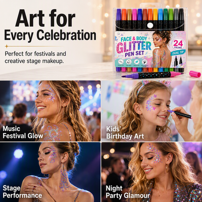 📢 BUY 2 GET 1 FREE! ⏰ 24-Color Face & Body Glitter Marker Set with Dual Tips – Skin-Safe, Sweat-Resistant & Dazzling Sparkle ✨