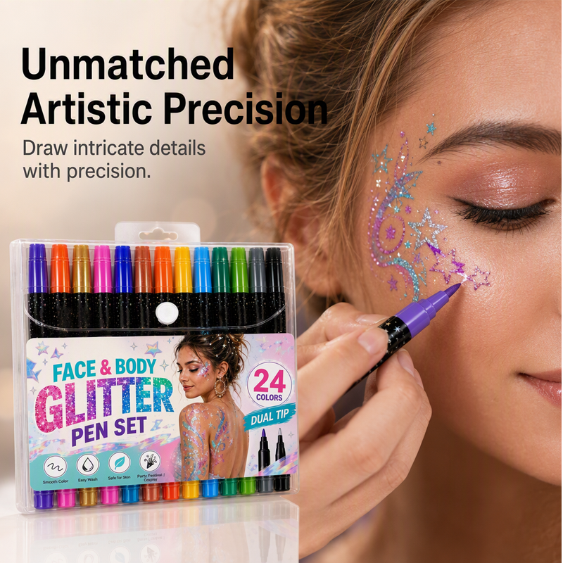 📢 BUY 2 GET 1 FREE! ⏰ 24-Color Face & Body Glitter Marker Set with Dual Tips – Skin-Safe, Sweat-Resistant & Dazzling Sparkle ✨
