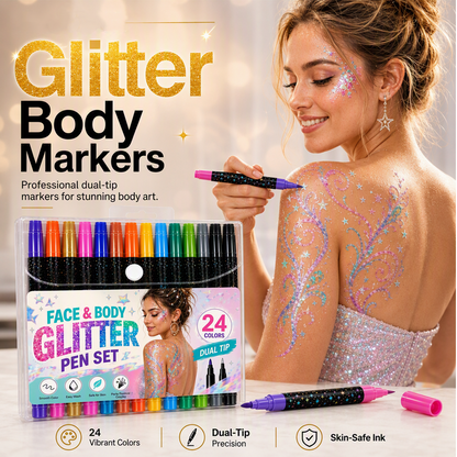 📢 BUY 2 GET 1 FREE! ⏰ 24-Color Face & Body Glitter Marker Set with Dual Tips – Skin-Safe, Sweat-Resistant & Dazzling Sparkle ✨